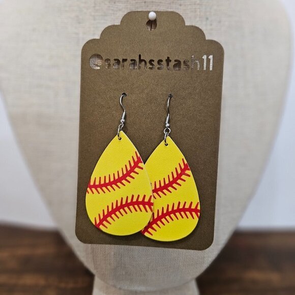 FAUX Leather Earrings, between 2.5" and 3.5"  Softball - Picture 1 of 2